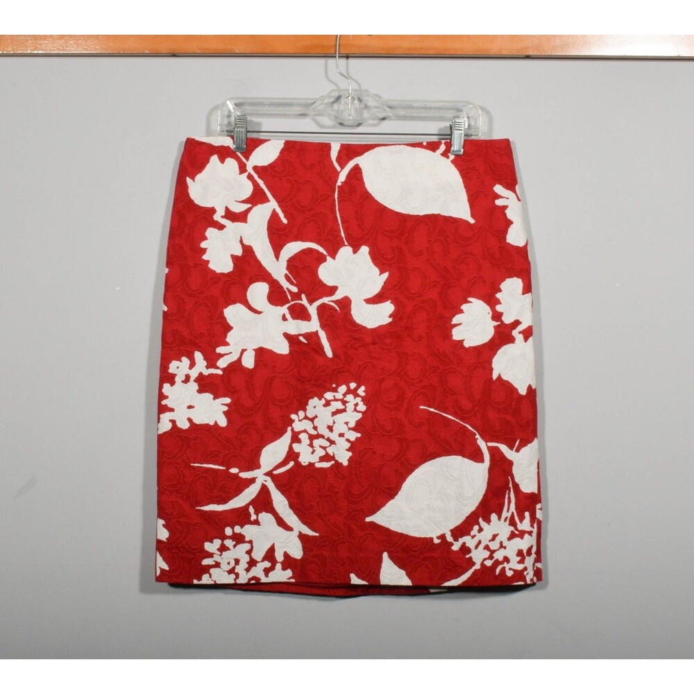 NWT Talbots Red White Floral Cotton Textured Silhouette Midi Pencil Skirt Sz 14